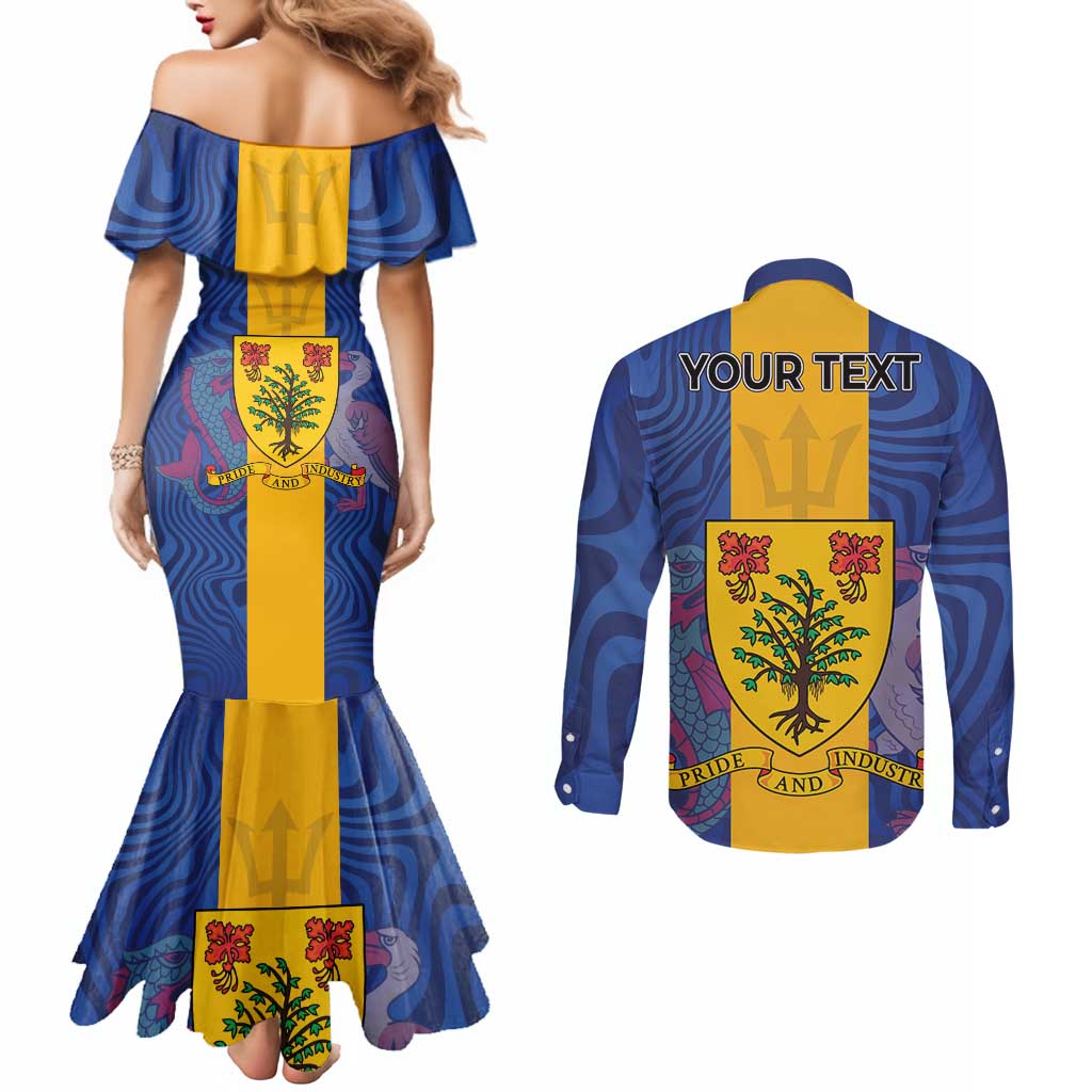 Personalised Barbados Emancipation Day Couples Matching Mermaid Dress and Long Sleeve Button Shirt Coat of Arms and Map National Flag Style - Wonder Print Shop