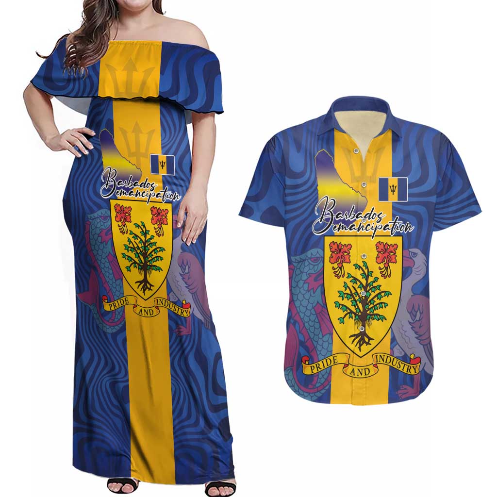 Personalised Barbados Emancipation Day Couples Matching Off Shoulder Maxi Dress and Hawaiian Shirt Coat of Arms and Map National Flag Style - Wonder Print Shop