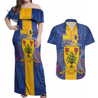 Personalised Barbados Emancipation Day Couples Matching Off Shoulder Maxi Dress and Hawaiian Shirt Coat of Arms and Map National Flag Style - Wonder Print Shop