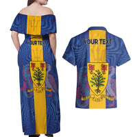 Personalised Barbados Emancipation Day Couples Matching Off Shoulder Maxi Dress and Hawaiian Shirt Coat of Arms and Map National Flag Style - Wonder Print Shop