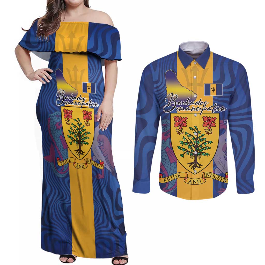 Personalised Barbados Emancipation Day Couples Matching Off Shoulder Maxi Dress and Long Sleeve Button Shirt Coat of Arms and Map National Flag Style - Wonder Print Shop
