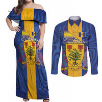 Personalised Barbados Emancipation Day Couples Matching Off Shoulder Maxi Dress and Long Sleeve Button Shirt Coat of Arms and Map National Flag Style - Wonder Print Shop