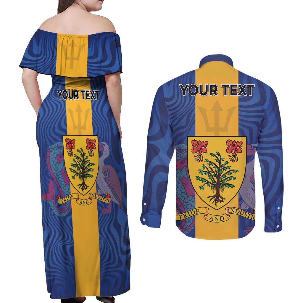 Personalised Barbados Emancipation Day Couples Matching Off Shoulder Maxi Dress and Long Sleeve Button Shirt Coat of Arms and Map National Flag Style - Wonder Print Shop