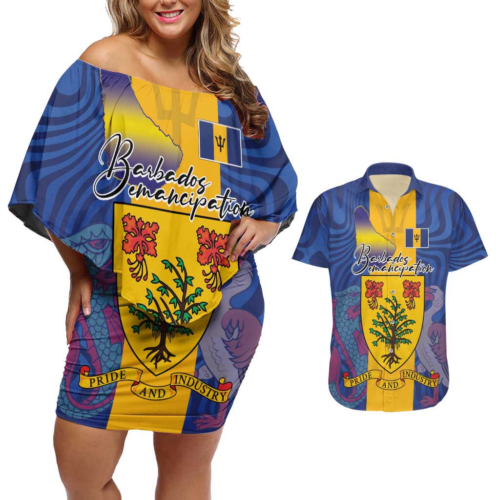 Personalised Barbados Emancipation Day Couples Matching Off Shoulder Short Dress and Hawaiian Shirt Coat of Arms and Map National Flag Style - Wonder Print Shop