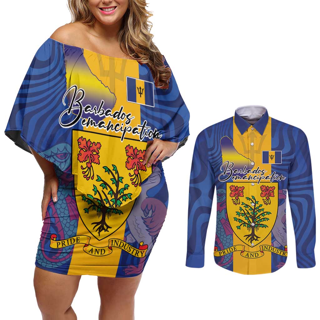 Personalised Barbados Emancipation Day Couples Matching Off Shoulder Short Dress and Long Sleeve Button Shirt Coat of Arms and Map National Flag Style - Wonder Print Shop
