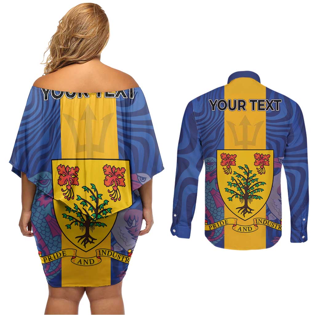 Personalised Barbados Emancipation Day Couples Matching Off Shoulder Short Dress and Long Sleeve Button Shirt Coat of Arms and Map National Flag Style - Wonder Print Shop