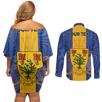 Personalised Barbados Emancipation Day Couples Matching Off Shoulder Short Dress and Long Sleeve Button Shirt Coat of Arms and Map National Flag Style - Wonder Print Shop