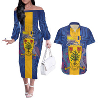 Personalised Barbados Emancipation Day Couples Matching Off The Shoulder Long Sleeve Dress and Hawaiian Shirt Coat of Arms and Map National Flag Style - Wonder Print Shop