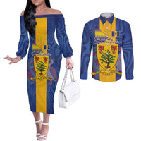 Personalised Barbados Emancipation Day Couples Matching Off The Shoulder Long Sleeve Dress and Long Sleeve Button Shirt Coat of Arms and Map National Flag Style - Wonder Print Shop