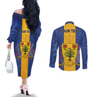 Personalised Barbados Emancipation Day Couples Matching Off The Shoulder Long Sleeve Dress and Long Sleeve Button Shirt Coat of Arms and Map National Flag Style - Wonder Print Shop