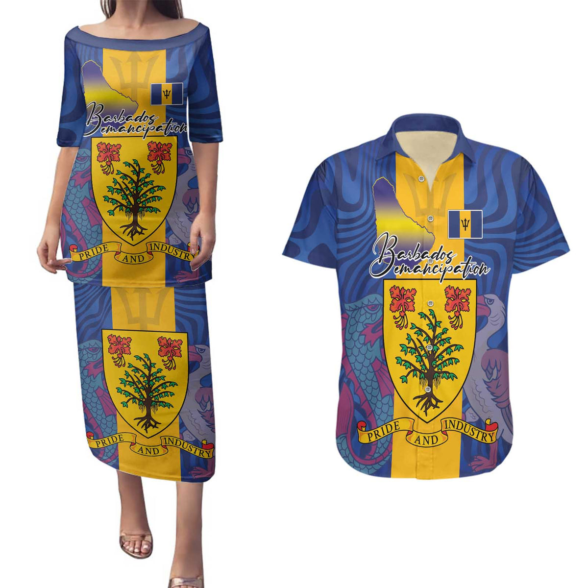 Personalised Barbados Emancipation Day Couples Matching Puletasi and Hawaiian Shirt Coat of Arms and Map National Flag Style - Wonder Print Shop