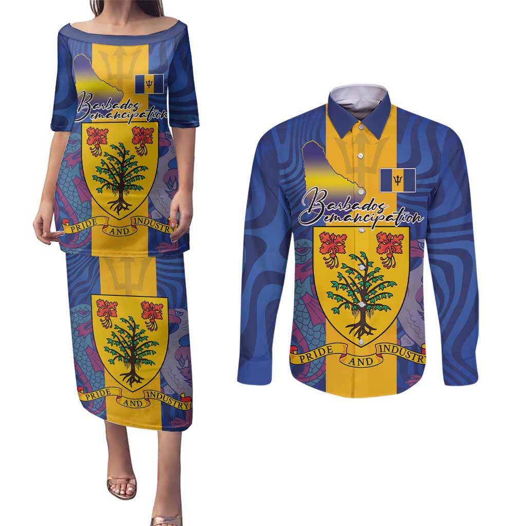 Personalised Barbados Emancipation Day Couples Matching Puletasi and Long Sleeve Button Shirt Coat of Arms and Map National Flag Style - Wonder Print Shop