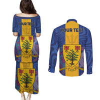 Personalised Barbados Emancipation Day Couples Matching Puletasi and Long Sleeve Button Shirt Coat of Arms and Map National Flag Style - Wonder Print Shop