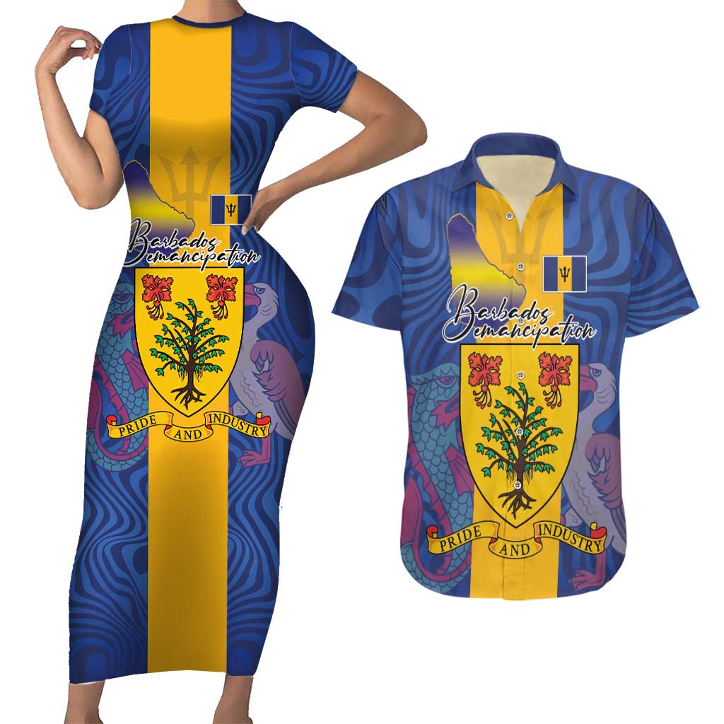 Personalised Barbados Emancipation Day Couples Matching Short Sleeve Bodycon Dress and Hawaiian Shirt Coat of Arms and Map National Flag Style - Wonder Print Shop