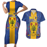 Personalised Barbados Emancipation Day Couples Matching Short Sleeve Bodycon Dress and Hawaiian Shirt Coat of Arms and Map National Flag Style - Wonder Print Shop