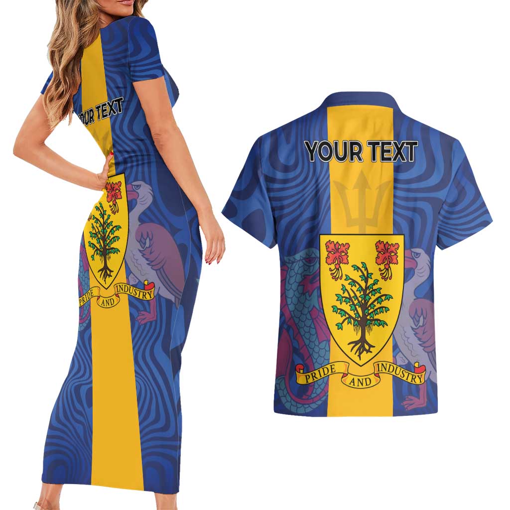 Personalised Barbados Emancipation Day Couples Matching Short Sleeve Bodycon Dress and Hawaiian Shirt Coat of Arms and Map National Flag Style - Wonder Print Shop