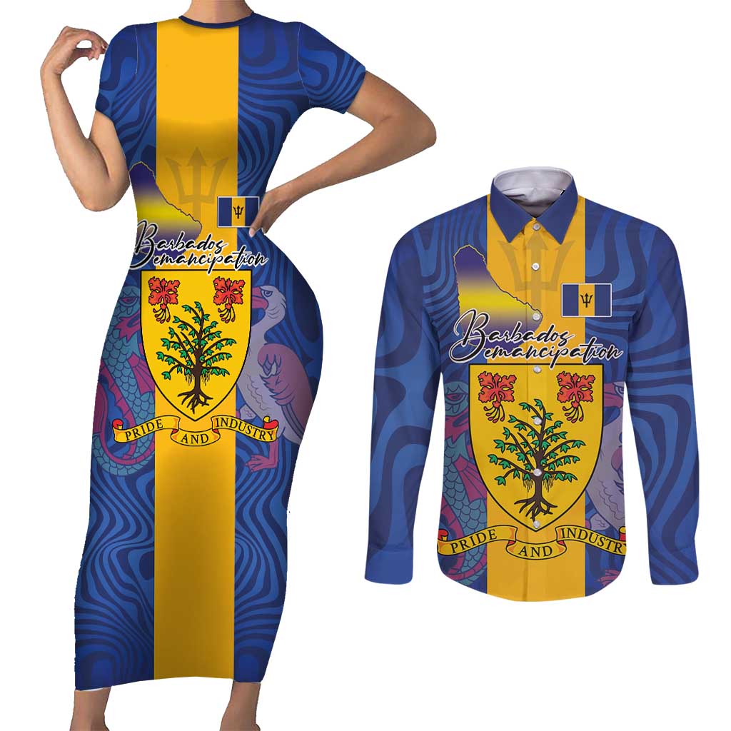 Personalised Barbados Emancipation Day Couples Matching Short Sleeve Bodycon Dress and Long Sleeve Button Shirt Coat of Arms and Map National Flag Style - Wonder Print Shop