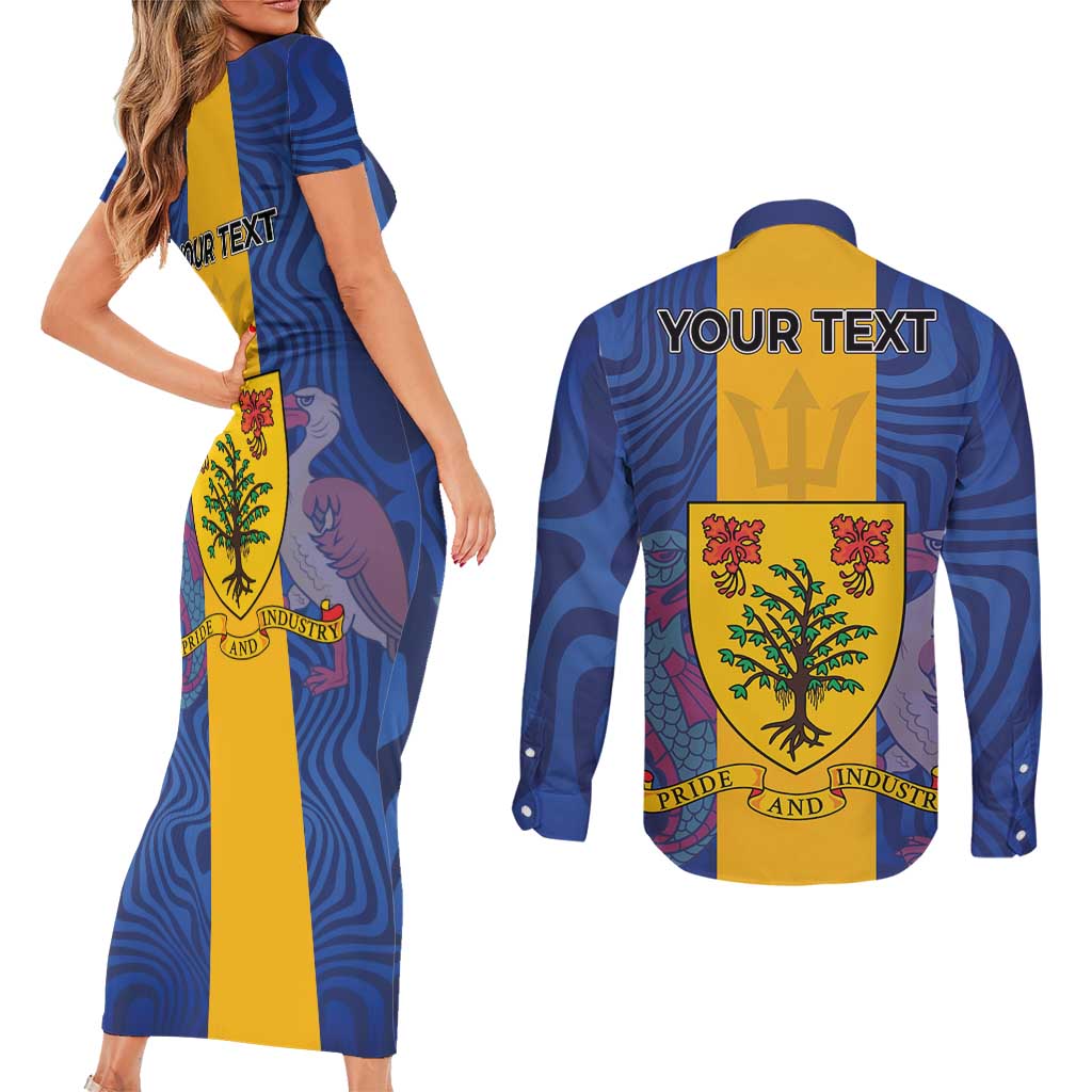 Personalised Barbados Emancipation Day Couples Matching Short Sleeve Bodycon Dress and Long Sleeve Button Shirt Coat of Arms and Map National Flag Style - Wonder Print Shop