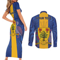 Personalised Barbados Emancipation Day Couples Matching Short Sleeve Bodycon Dress and Long Sleeve Button Shirt Coat of Arms and Map National Flag Style - Wonder Print Shop