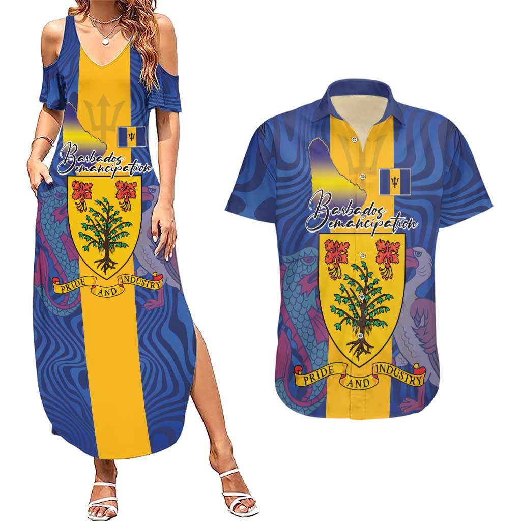Personalised Barbados Emancipation Day Couples Matching Summer Maxi Dress and Hawaiian Shirt Coat of Arms and Map National Flag Style - Wonder Print Shop