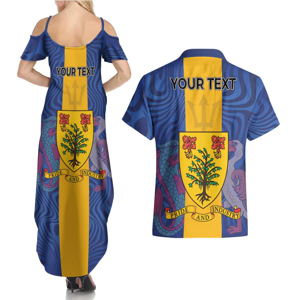 Personalised Barbados Emancipation Day Couples Matching Summer Maxi Dress and Hawaiian Shirt Coat of Arms and Map National Flag Style - Wonder Print Shop