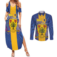 Personalised Barbados Emancipation Day Couples Matching Summer Maxi Dress and Long Sleeve Button Shirt Coat of Arms and Map National Flag Style - Wonder Print Shop