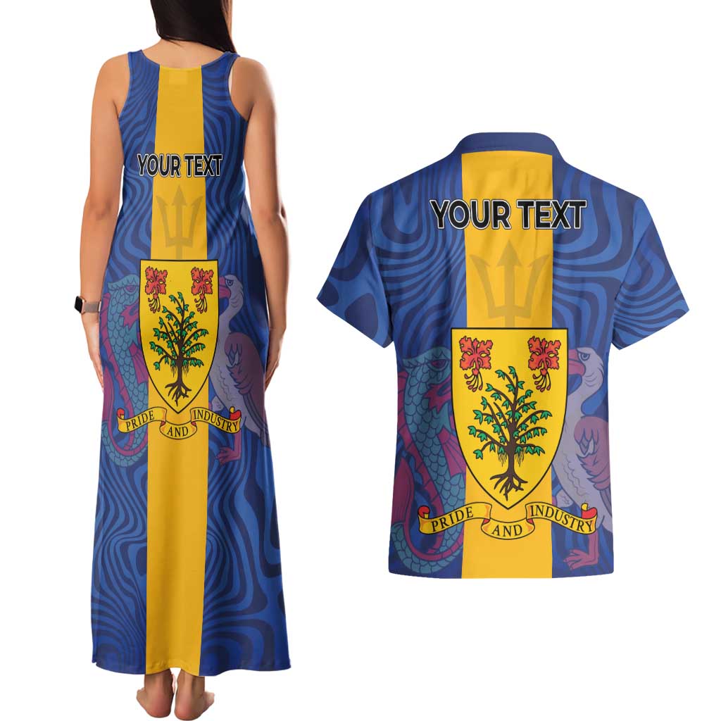 Personalised Barbados Emancipation Day Couples Matching Tank Maxi Dress and Hawaiian Shirt Coat of Arms and Map National Flag Style - Wonder Print Shop