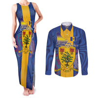 Personalised Barbados Emancipation Day Couples Matching Tank Maxi Dress and Long Sleeve Button Shirt Coat of Arms and Map National Flag Style - Wonder Print Shop