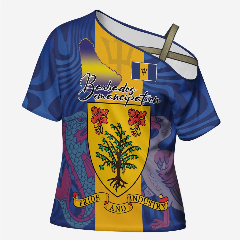 Personalised Barbados Emancipation Day Cross Shoulder Shirt Coat of Arms and Map National Flag Style - Wonder Print Shop