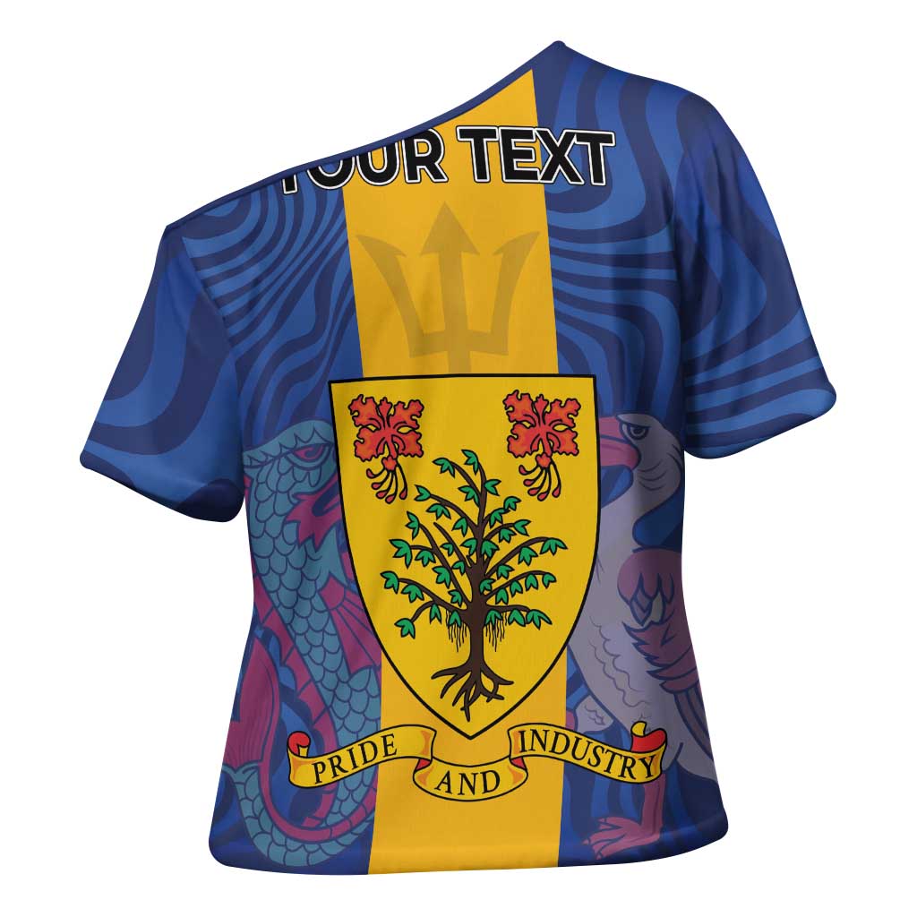Personalised Barbados Emancipation Day Cross Shoulder Shirt Coat of Arms and Map National Flag Style - Wonder Print Shop