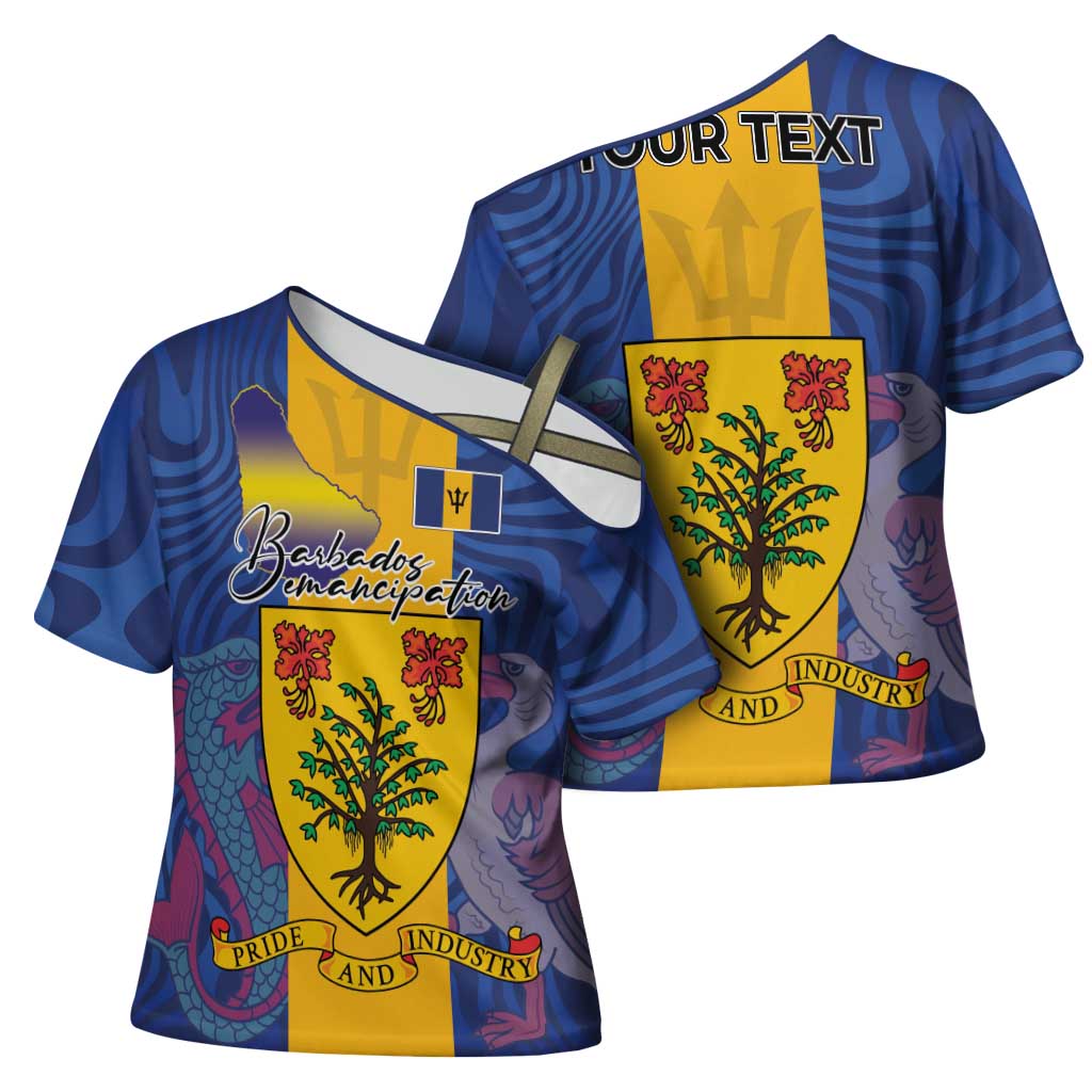 Personalised Barbados Emancipation Day Cross Shoulder Shirt Coat of Arms and Map National Flag Style - Wonder Print Shop