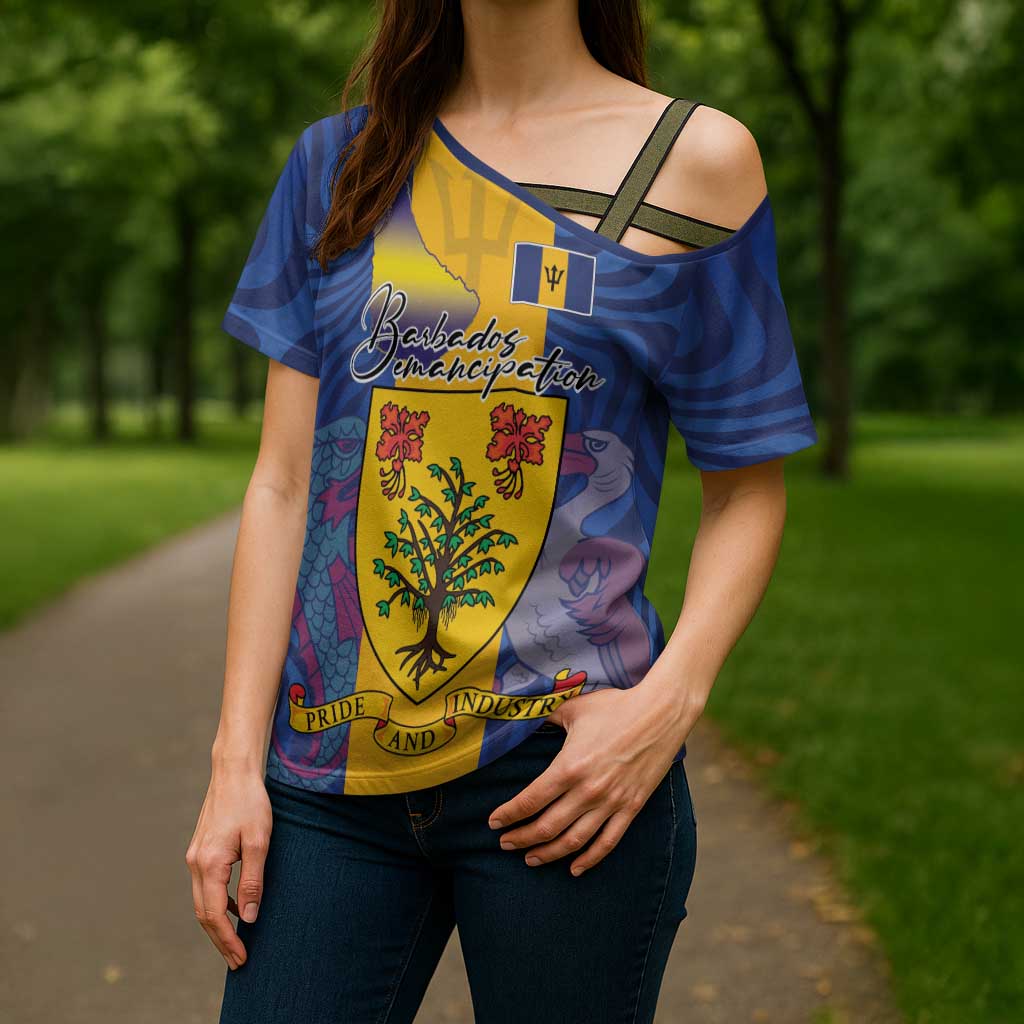 Personalised Barbados Emancipation Day Cross Shoulder Shirt Coat of Arms and Map National Flag Style - Wonder Print Shop