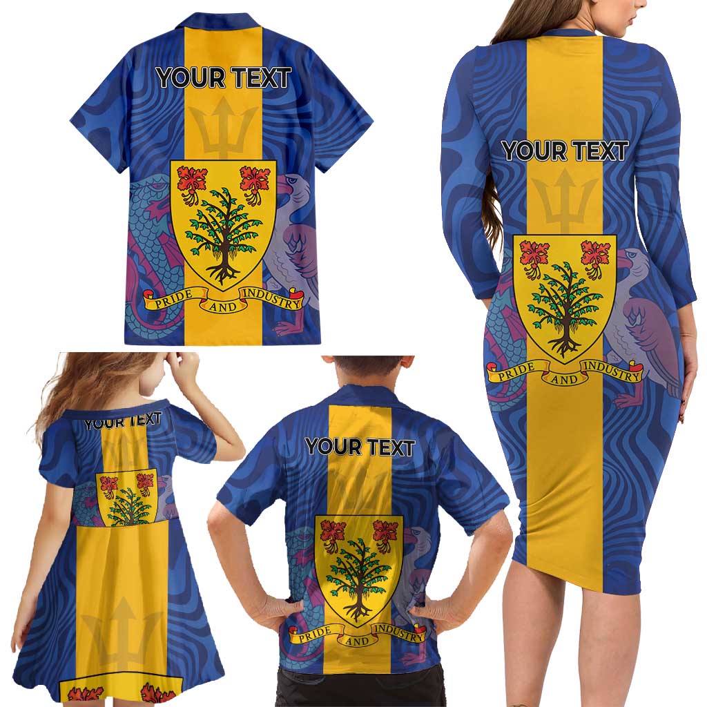 Personalised Barbados Emancipation Day Family Matching Long Sleeve Bodycon Dress and Hawaiian Shirt Coat of Arms and Map National Flag Style - Wonder Print Shop