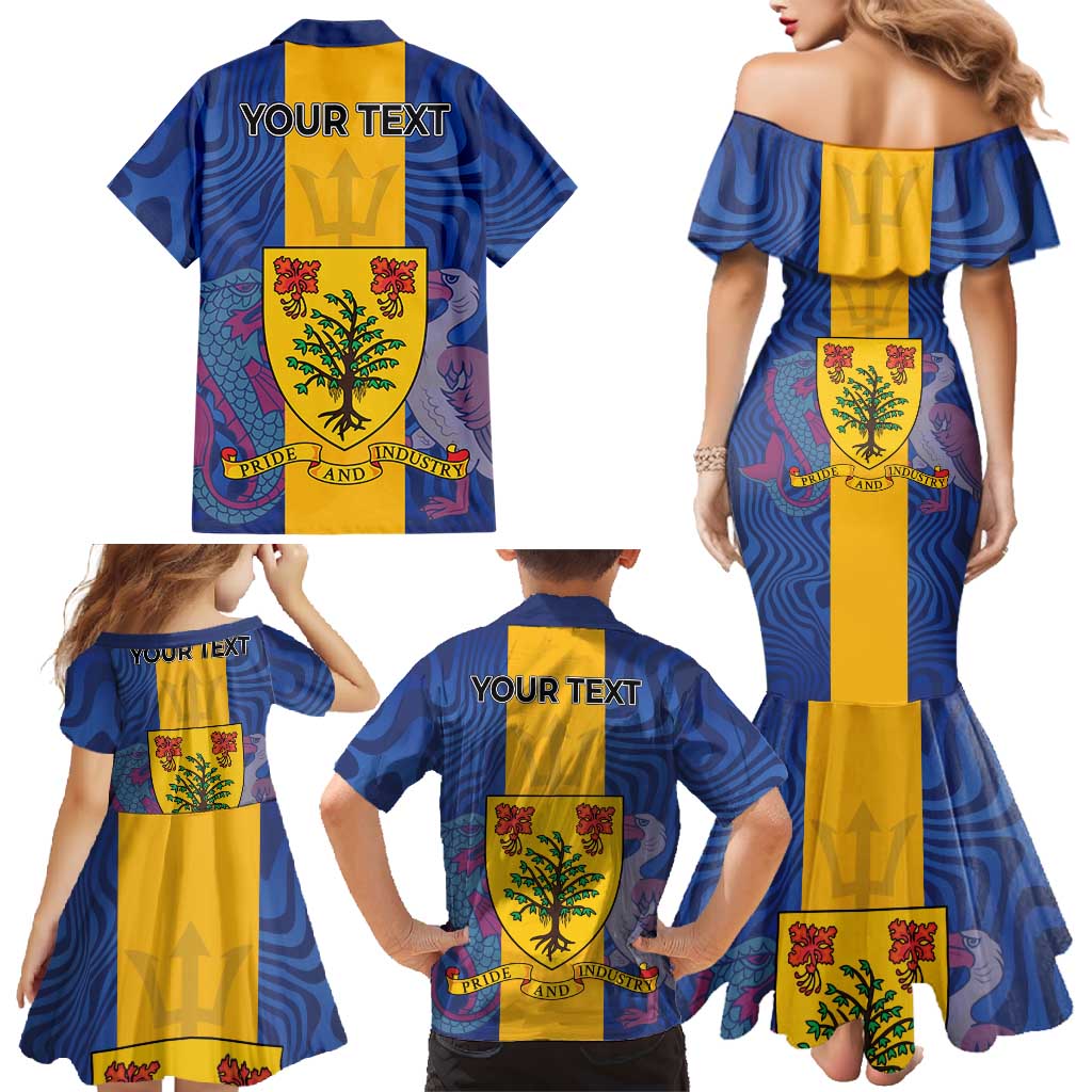 Personalised Barbados Emancipation Day Family Matching Mermaid Dress and Hawaiian Shirt Coat of Arms and Map National Flag Style - Wonder Print Shop