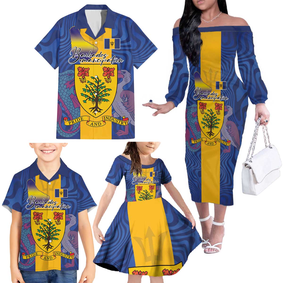 Personalised Barbados Emancipation Day Family Matching Off The Shoulder Long Sleeve Dress and Hawaiian Shirt Coat of Arms and Map National Flag Style - Wonder Print Shop