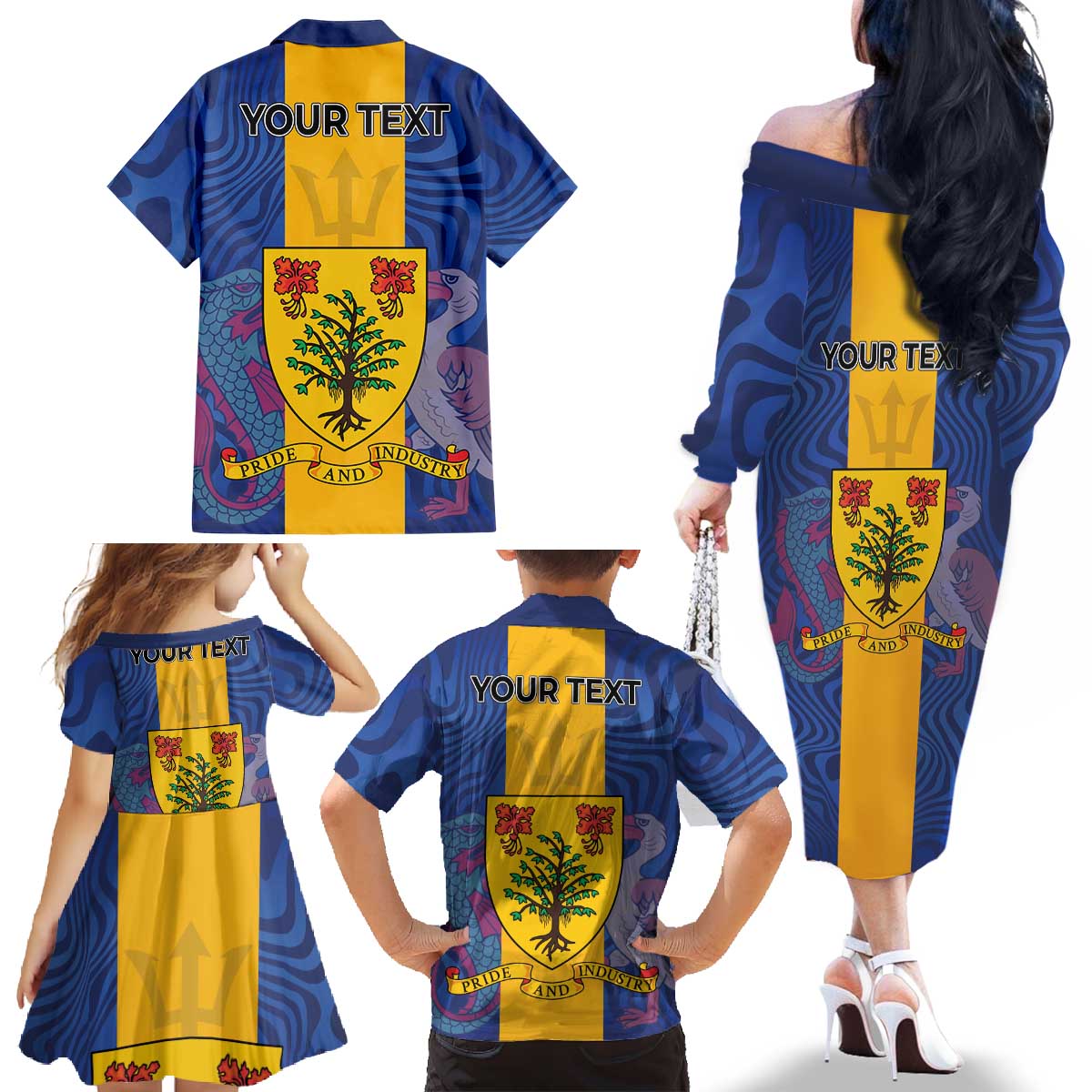 Personalised Barbados Emancipation Day Family Matching Off The Shoulder Long Sleeve Dress and Hawaiian Shirt Coat of Arms and Map National Flag Style - Wonder Print Shop
