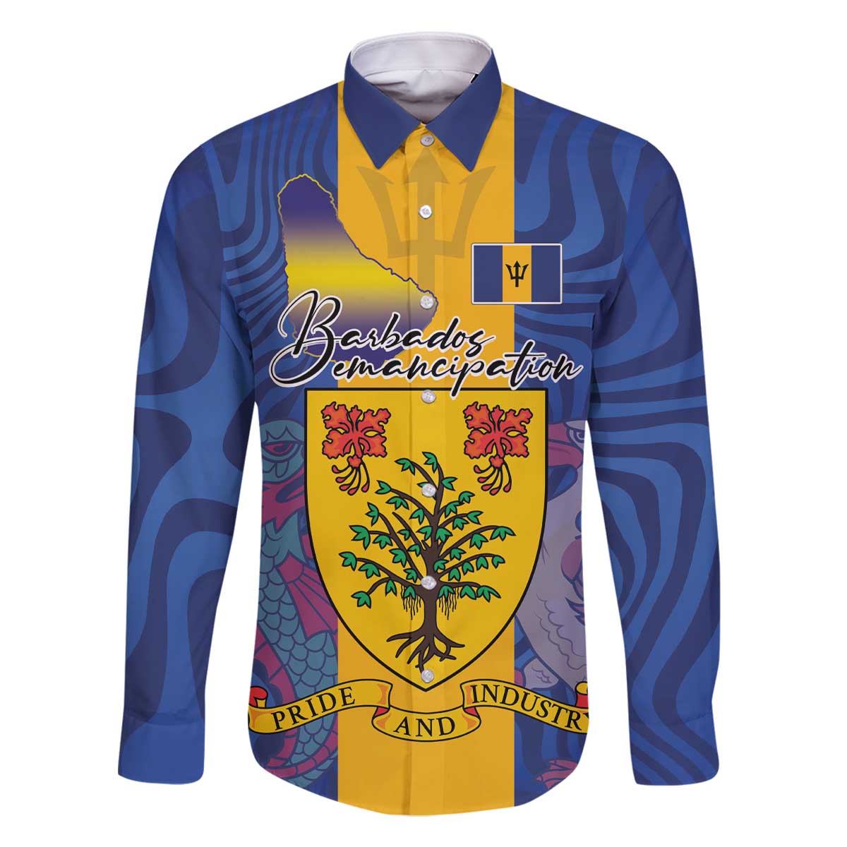 Personalised Barbados Emancipation Day Family Matching Off The Shoulder Long Sleeve Dress and Hawaiian Shirt Coat of Arms and Map National Flag Style - Wonder Print Shop