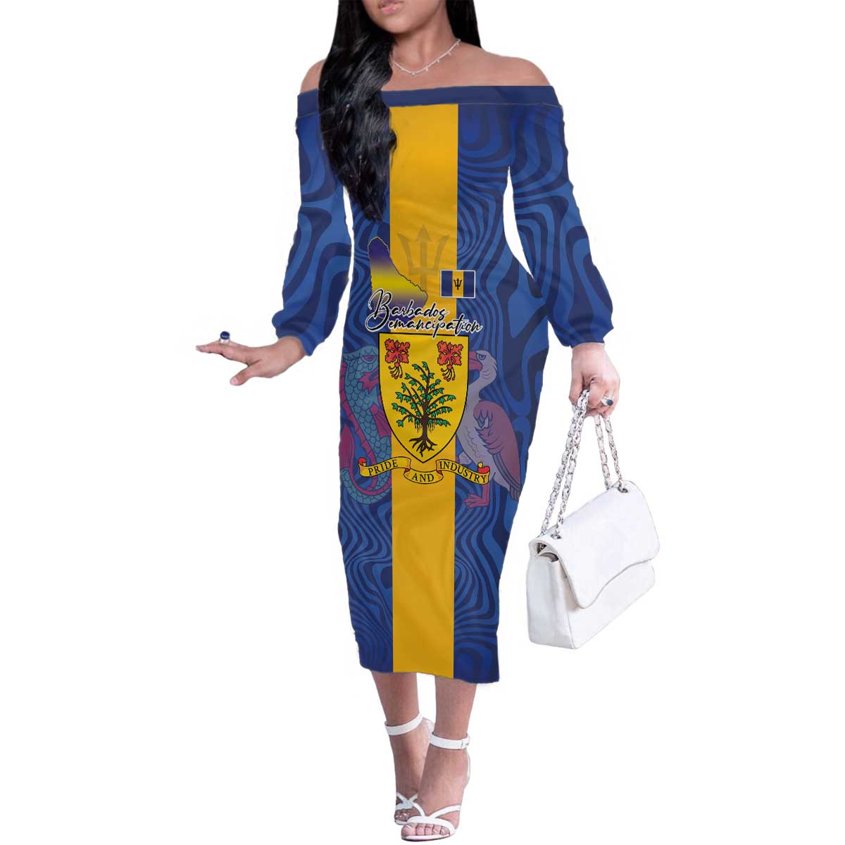Personalised Barbados Emancipation Day Family Matching Off The Shoulder Long Sleeve Dress and Hawaiian Shirt Coat of Arms and Map National Flag Style - Wonder Print Shop