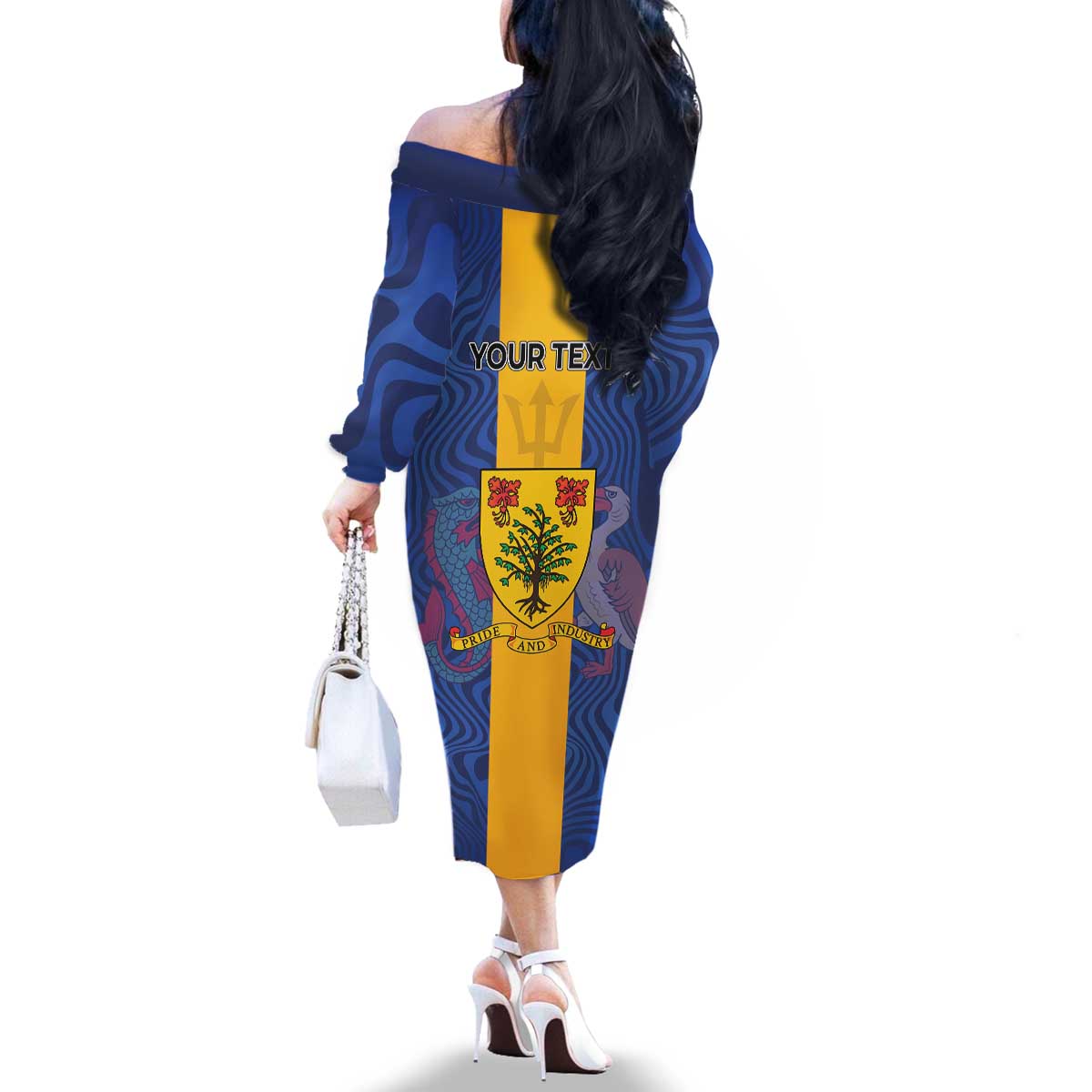 Personalised Barbados Emancipation Day Family Matching Off The Shoulder Long Sleeve Dress and Hawaiian Shirt Coat of Arms and Map National Flag Style - Wonder Print Shop