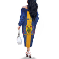Personalised Barbados Emancipation Day Family Matching Off The Shoulder Long Sleeve Dress and Hawaiian Shirt Coat of Arms and Map National Flag Style - Wonder Print Shop