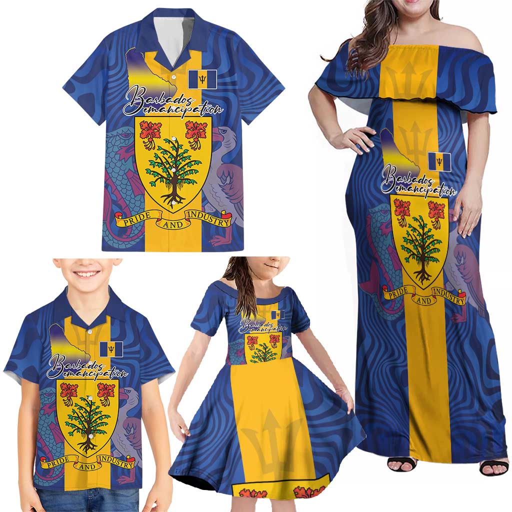Personalised Barbados Emancipation Day Family Matching Off Shoulder Maxi Dress and Hawaiian Shirt Coat of Arms and Map National Flag Style - Wonder Print Shop