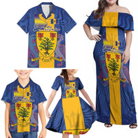 Personalised Barbados Emancipation Day Family Matching Off Shoulder Maxi Dress and Hawaiian Shirt Coat of Arms and Map National Flag Style - Wonder Print Shop