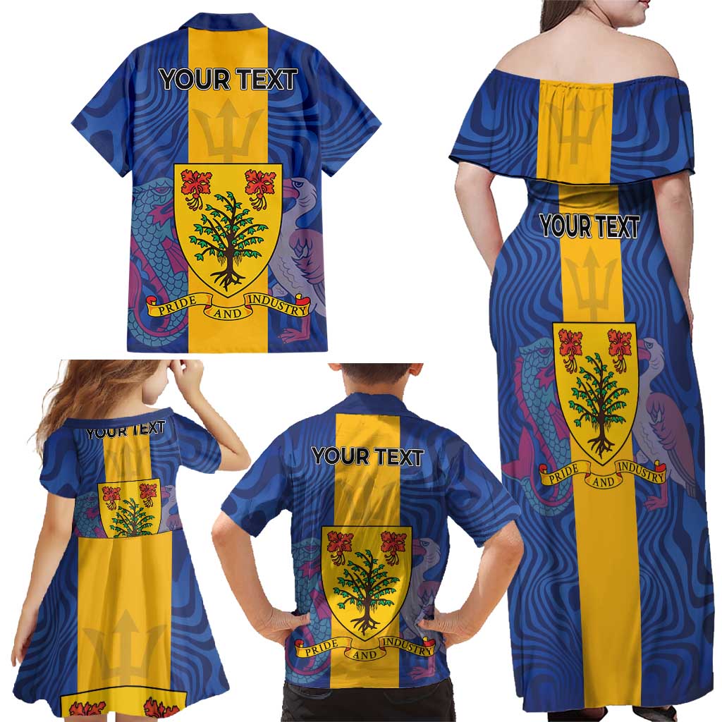 Personalised Barbados Emancipation Day Family Matching Off Shoulder Maxi Dress and Hawaiian Shirt Coat of Arms and Map National Flag Style - Wonder Print Shop