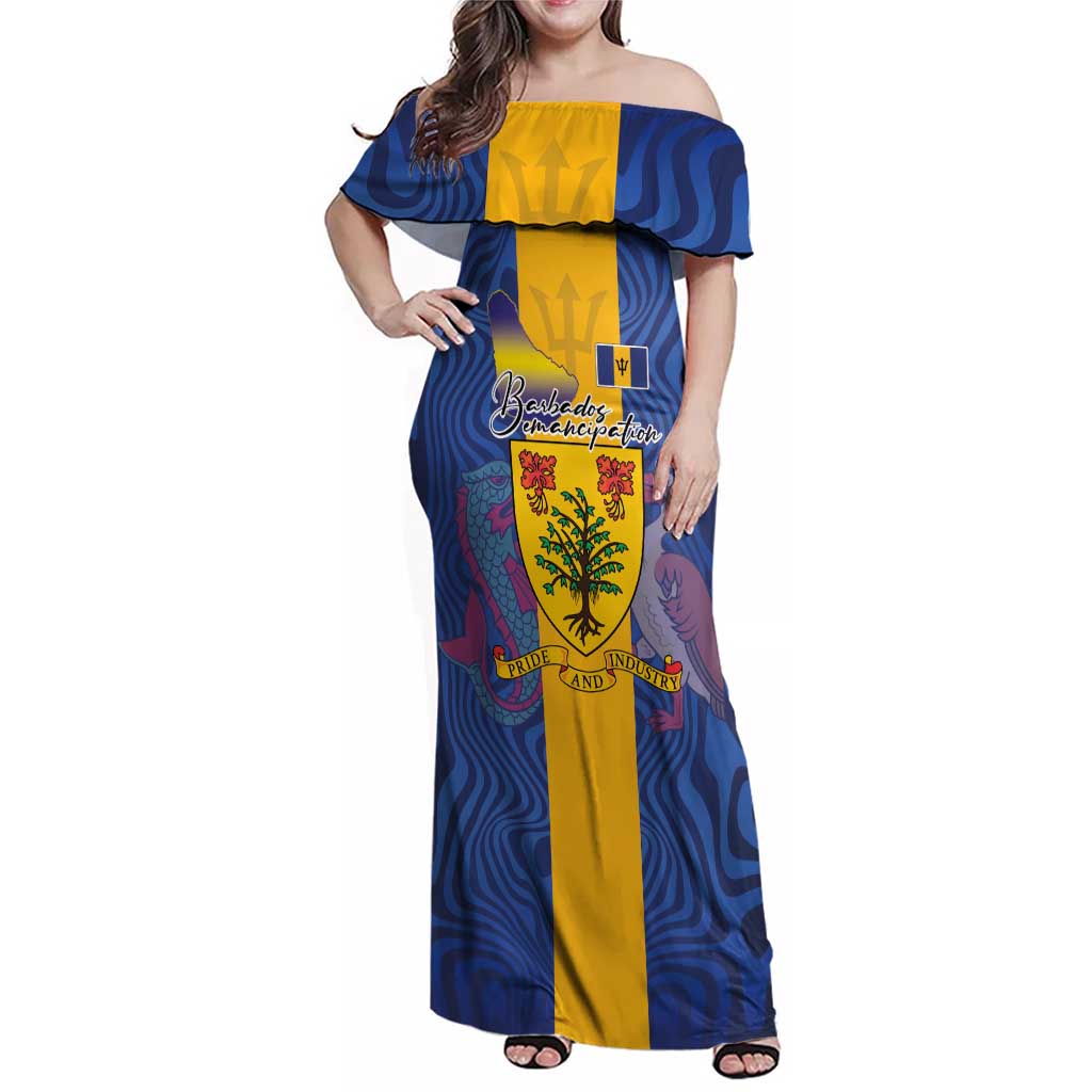 Personalised Barbados Emancipation Day Family Matching Off Shoulder Maxi Dress and Hawaiian Shirt Coat of Arms and Map National Flag Style - Wonder Print Shop