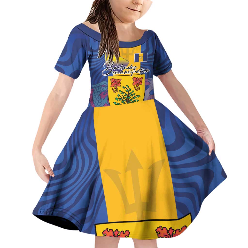 Personalised Barbados Emancipation Day Family Matching Off Shoulder Short Dress and Hawaiian Shirt Coat of Arms and Map National Flag Style - Wonder Print Shop