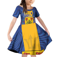 Personalised Barbados Emancipation Day Family Matching Off Shoulder Short Dress and Hawaiian Shirt Coat of Arms and Map National Flag Style - Wonder Print Shop