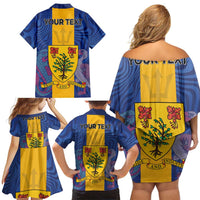 Personalised Barbados Emancipation Day Family Matching Off Shoulder Short Dress and Hawaiian Shirt Coat of Arms and Map National Flag Style - Wonder Print Shop