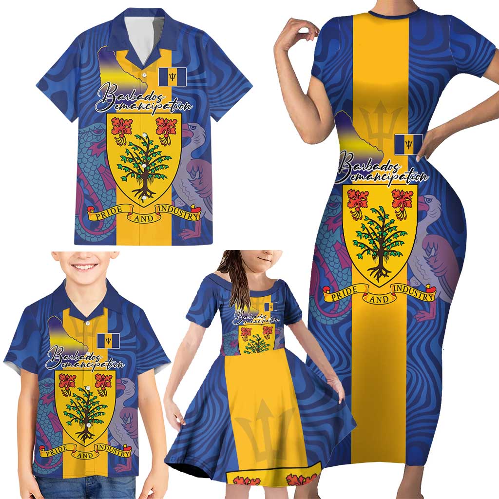 Personalised Barbados Emancipation Day Family Matching Short Sleeve Bodycon Dress and Hawaiian Shirt Coat of Arms and Map National Flag Style - Wonder Print Shop