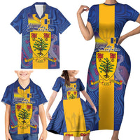 Personalised Barbados Emancipation Day Family Matching Short Sleeve Bodycon Dress and Hawaiian Shirt Coat of Arms and Map National Flag Style - Wonder Print Shop