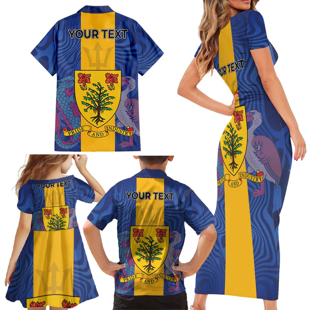 Personalised Barbados Emancipation Day Family Matching Short Sleeve Bodycon Dress and Hawaiian Shirt Coat of Arms and Map National Flag Style - Wonder Print Shop